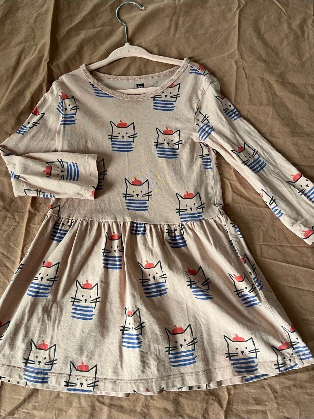Tea Collection light pink Dress with Navy Stripe Cat Print and Red Hat Accents